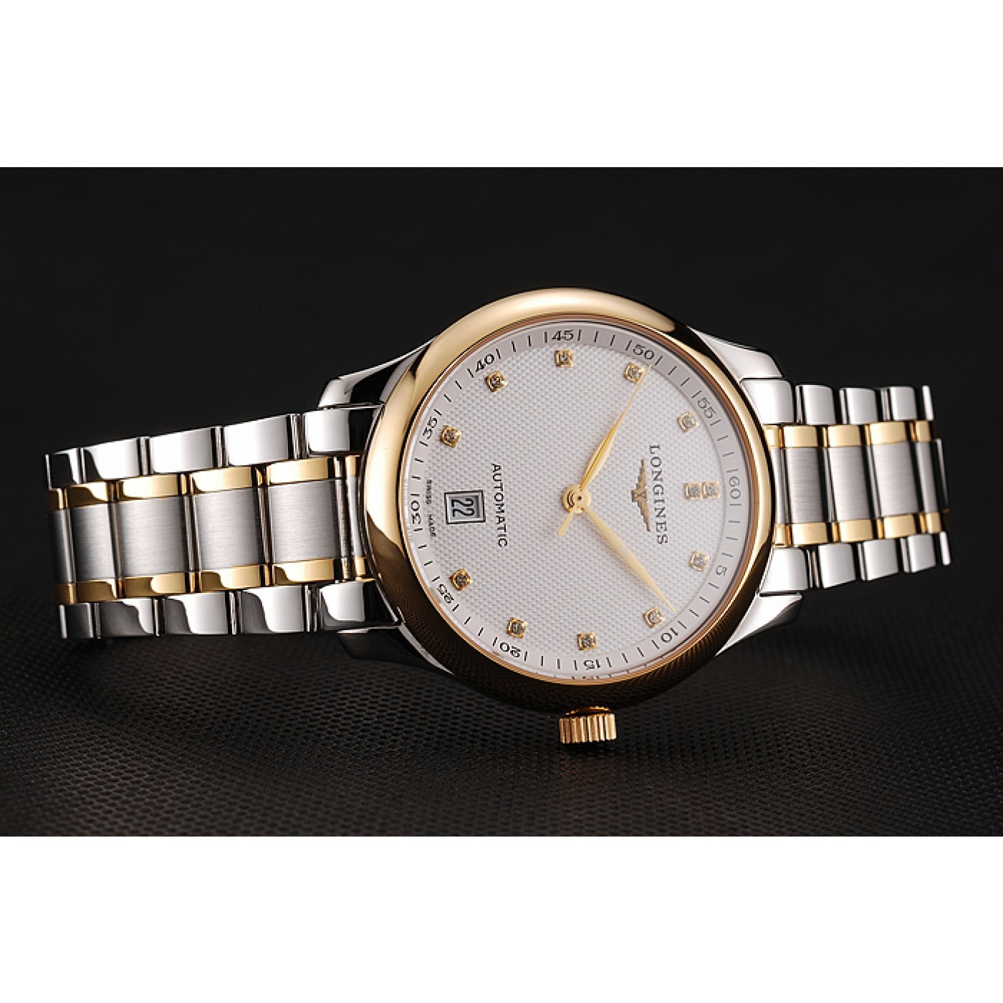 MiroTime Swiss Longines Master White Dial Diamond Hour Markers Two Tone Stainless Steel Bracelet 1453930