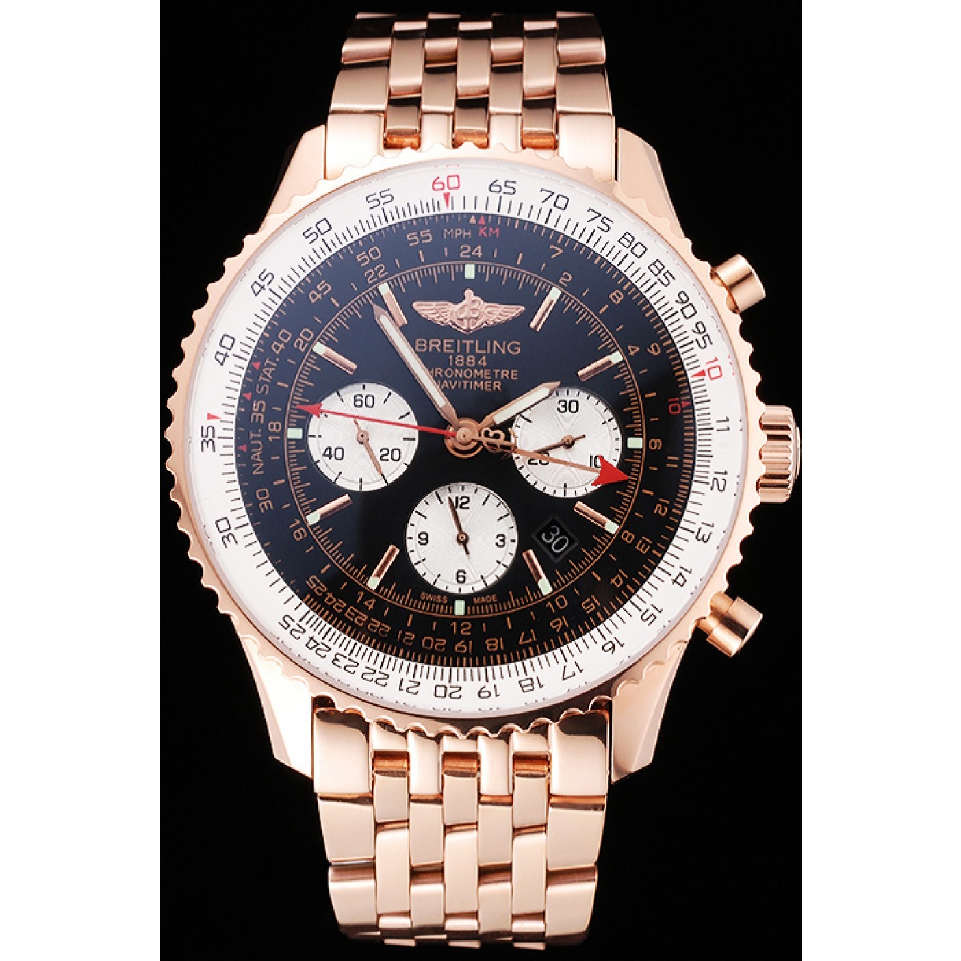 MiroTime Swiss Breitling Navitimer Black Dial Rose Gold Case And Bracelet