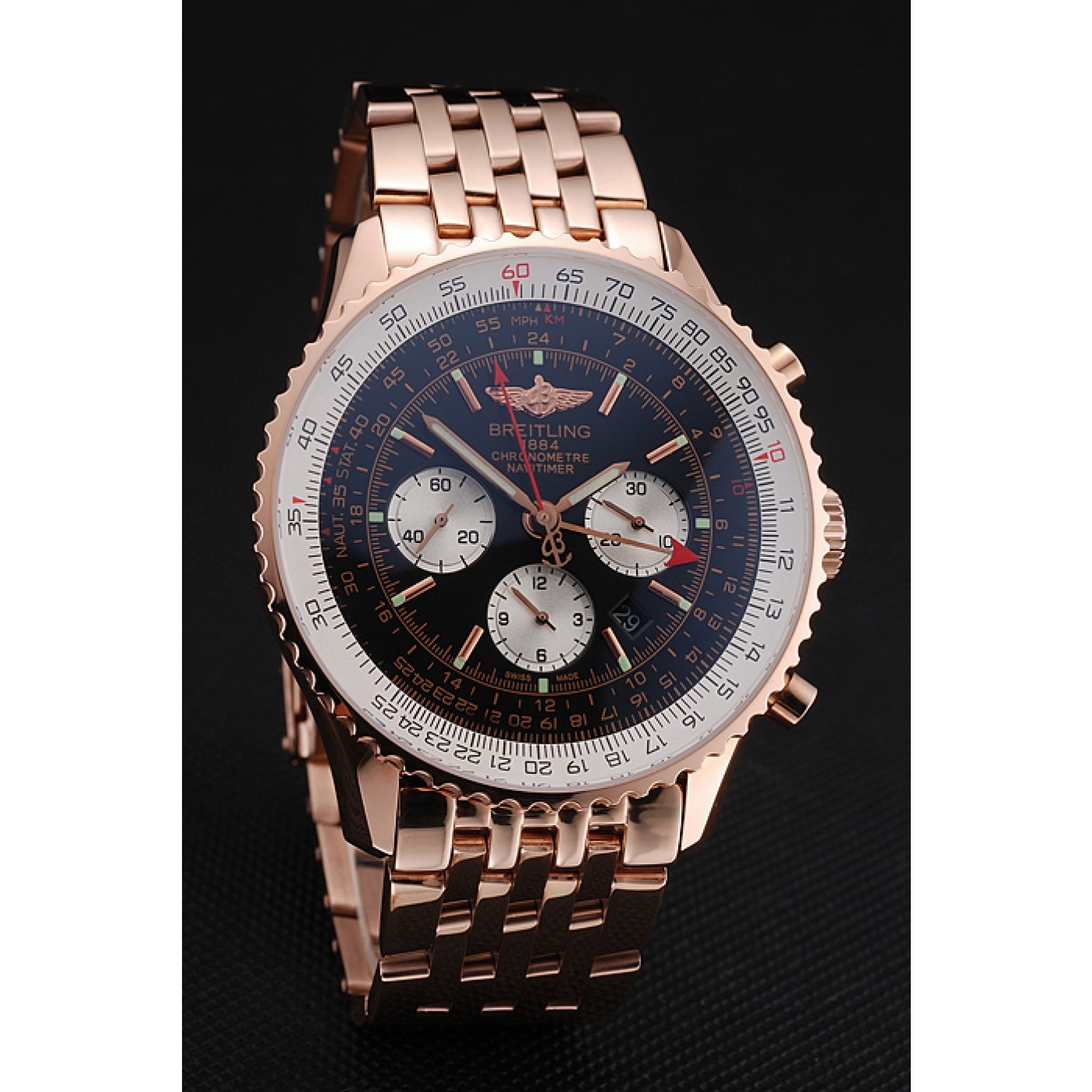 MiroTime Swiss Breitling Navitimer Black Dial Rose Gold Case And Bracelet