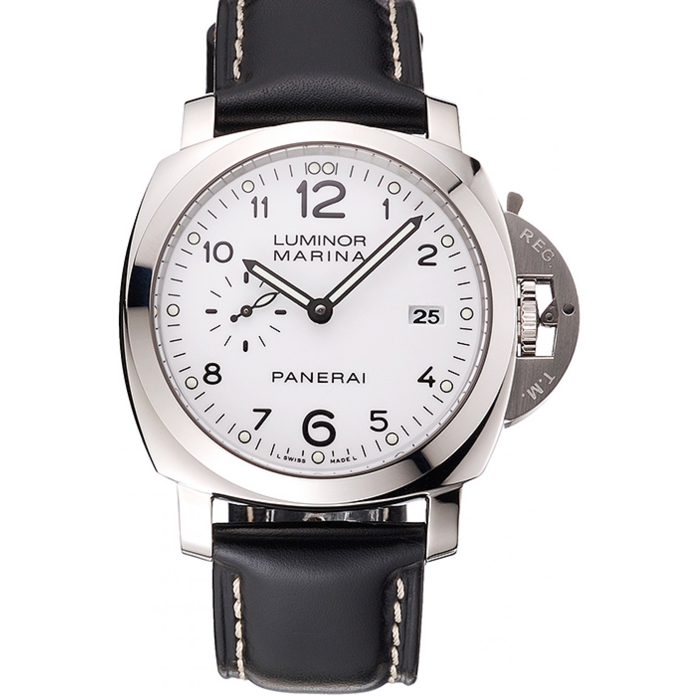 MiroTime Swiss Panerai Luminor Marina 3 Days White Dial Stainless Steel Case Black Leather Strap