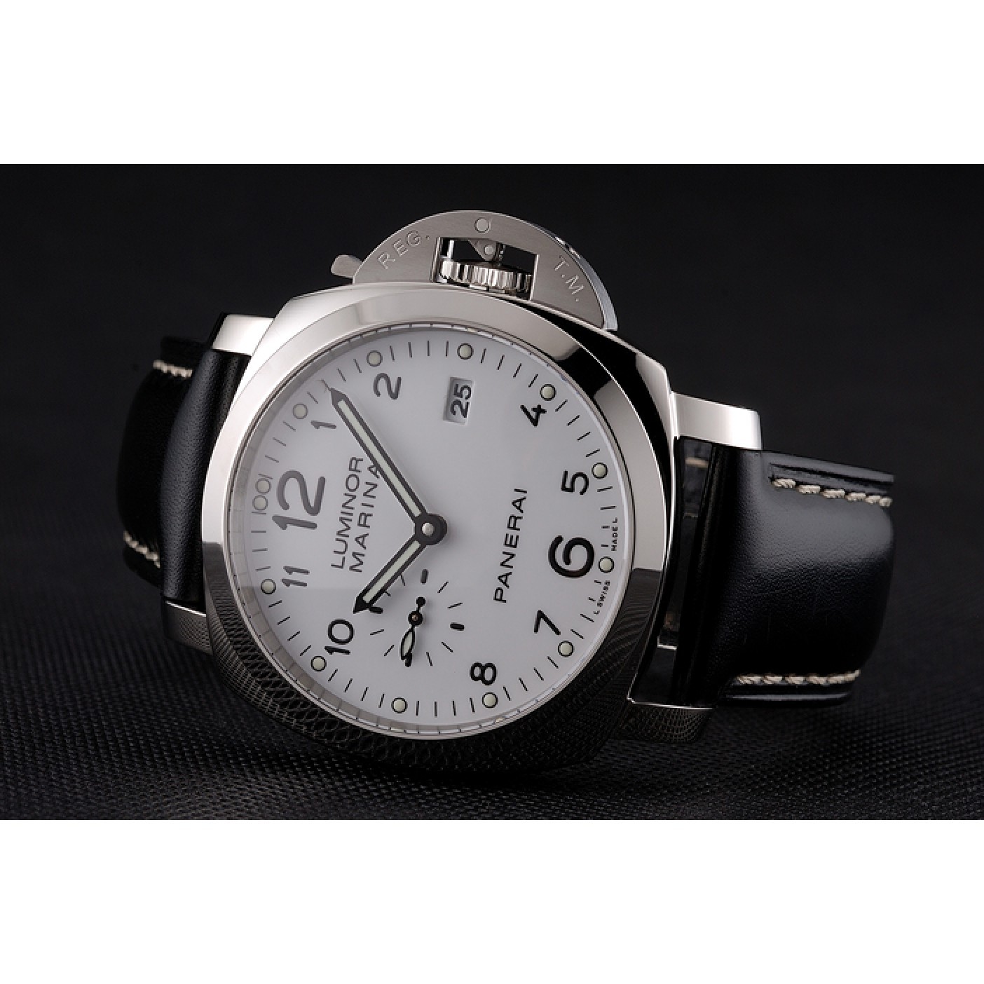 MiroTime Swiss Panerai Luminor Marina 3 Days White Dial Stainless Steel Case Black Leather Strap