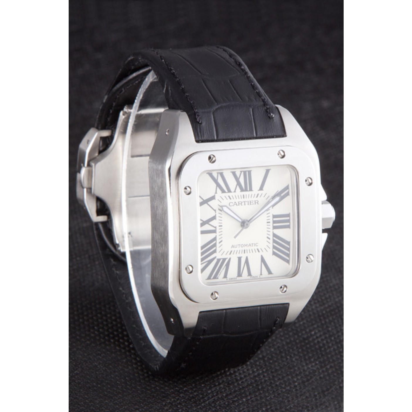 MiroTime Swiss Cartier Santos Stainless Steel Bezel with Black Leather Strap 621524