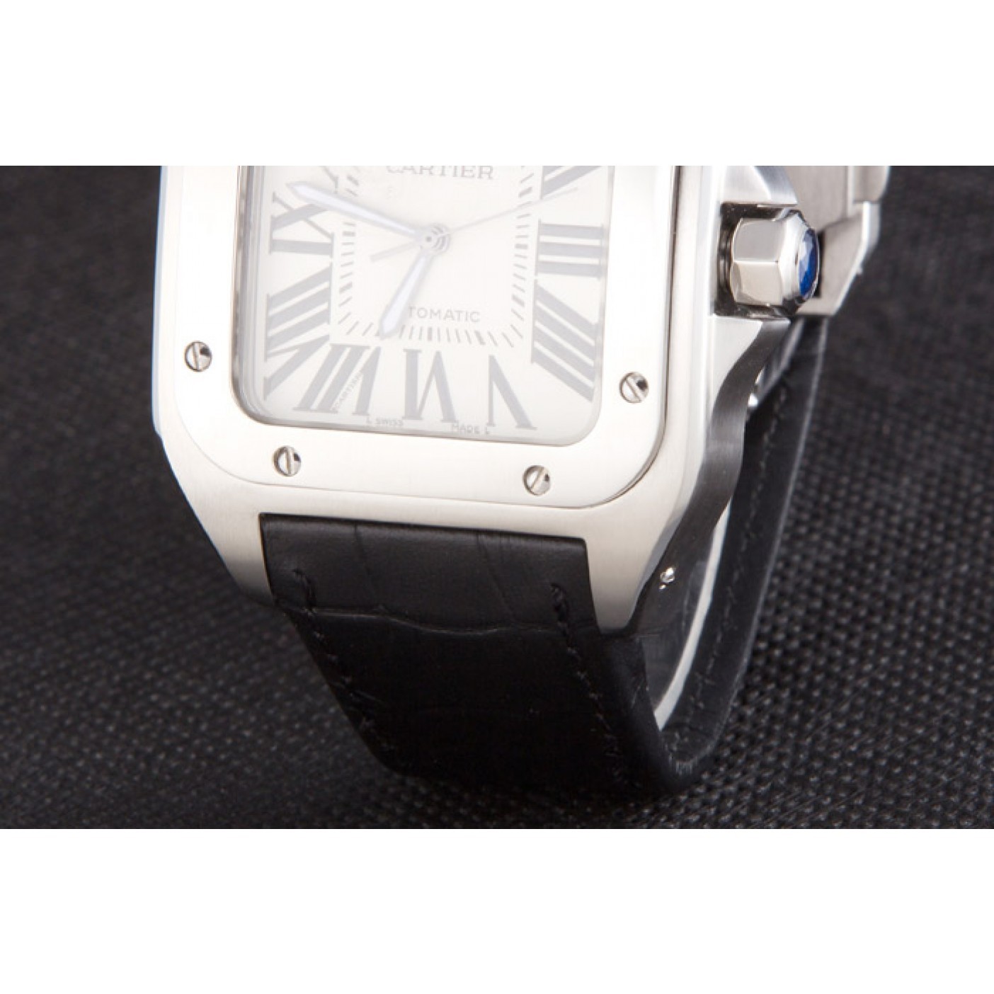 MiroTime Swiss Cartier Santos Stainless Steel Bezel with Black Leather Strap 621524