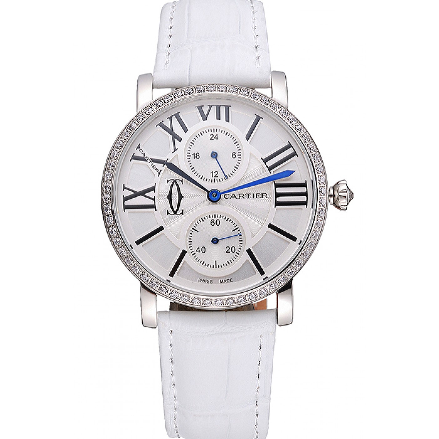 MiroTime Cartier Ronde Second Time Zone White Dial Stainless Steel Case With Diamonds White Leather Strap 622803