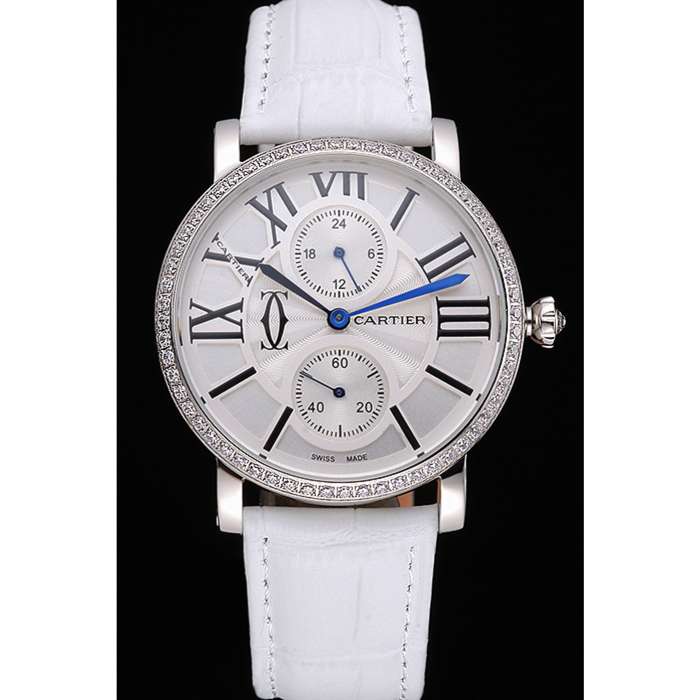 MiroTime Cartier Ronde Second Time Zone White Dial Stainless Steel Case With Diamonds White Leather Strap 622803