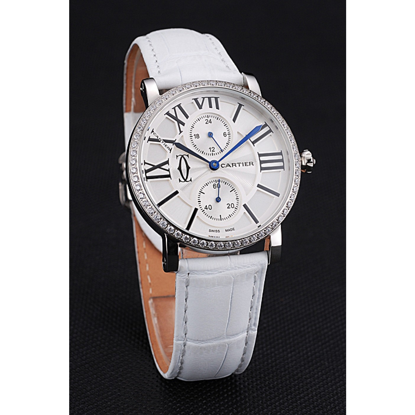 MiroTime Cartier Ronde Second Time Zone White Dial Stainless Steel Case With Diamonds White Leather Strap 622803