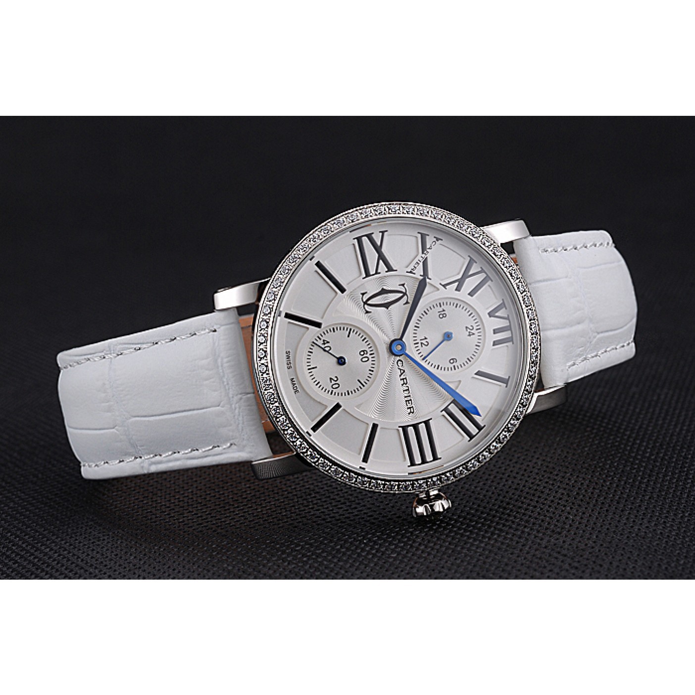 MiroTime Cartier Ronde Second Time Zone White Dial Stainless Steel Case With Diamonds White Leather Strap 622803