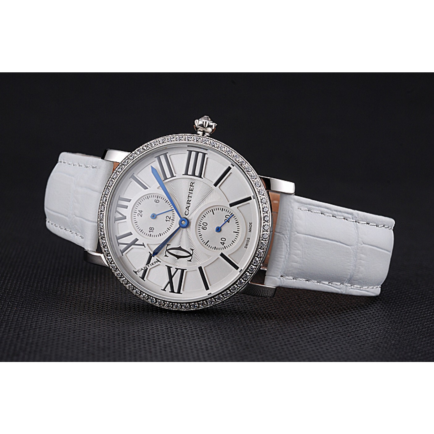 MiroTime Cartier Ronde Second Time Zone White Dial Stainless Steel Case With Diamonds White Leather Strap 622803