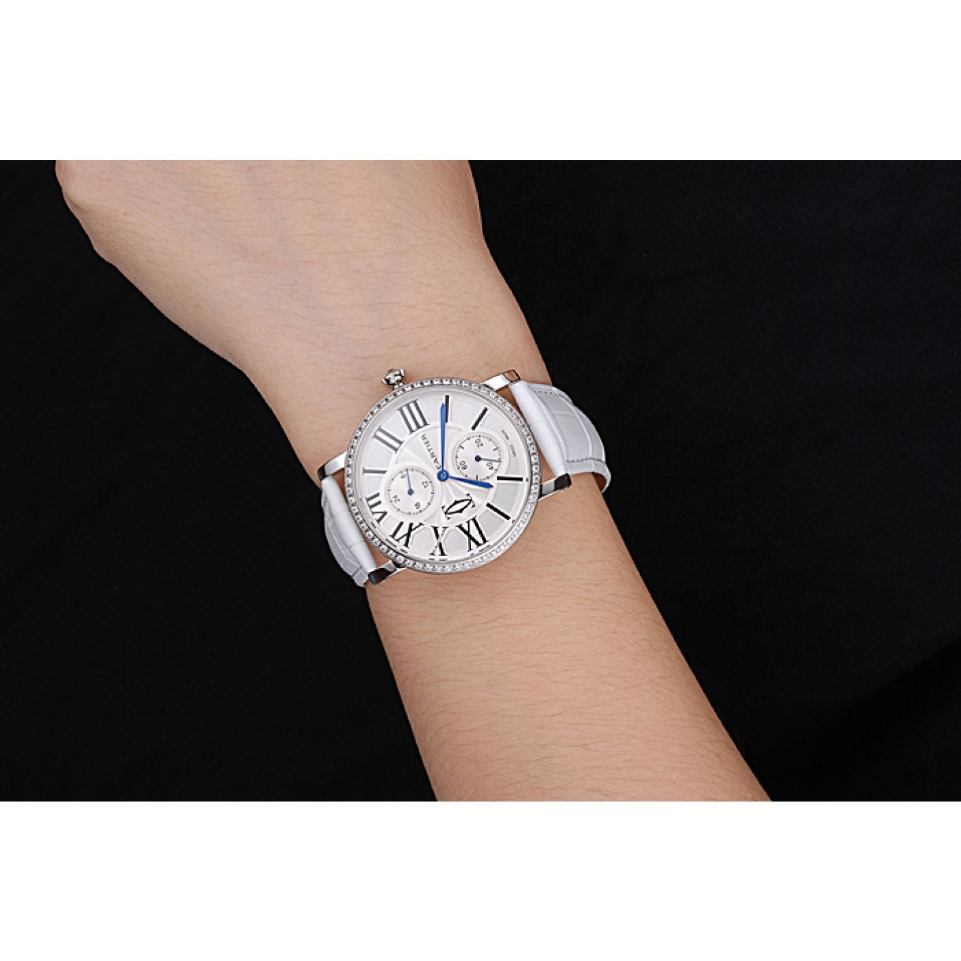 MiroTime Cartier Ronde Second Time Zone White Dial Stainless Steel Case With Diamonds White Leather Strap 622803