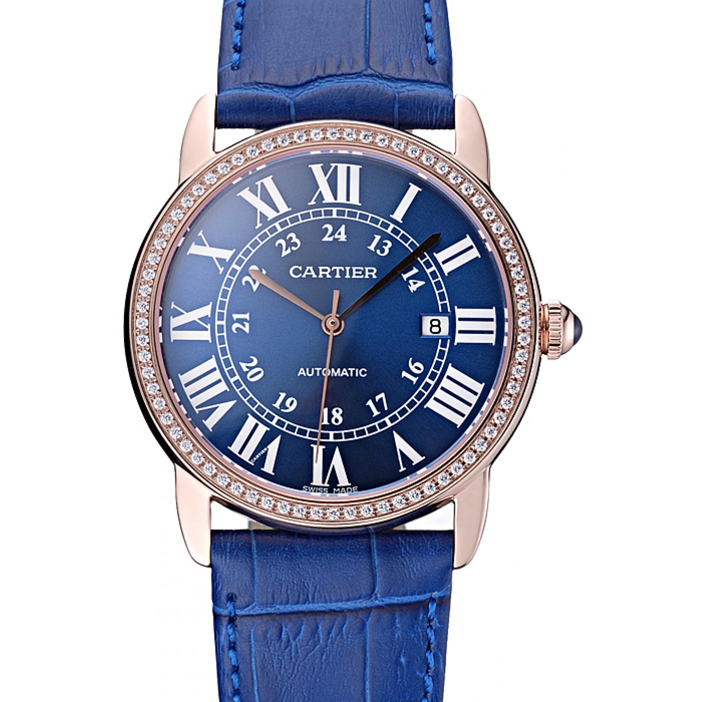 MiroTime Swiss Cartier Ronde Solo Gold Diamond Case Blue Dial Roman Numerals 622208