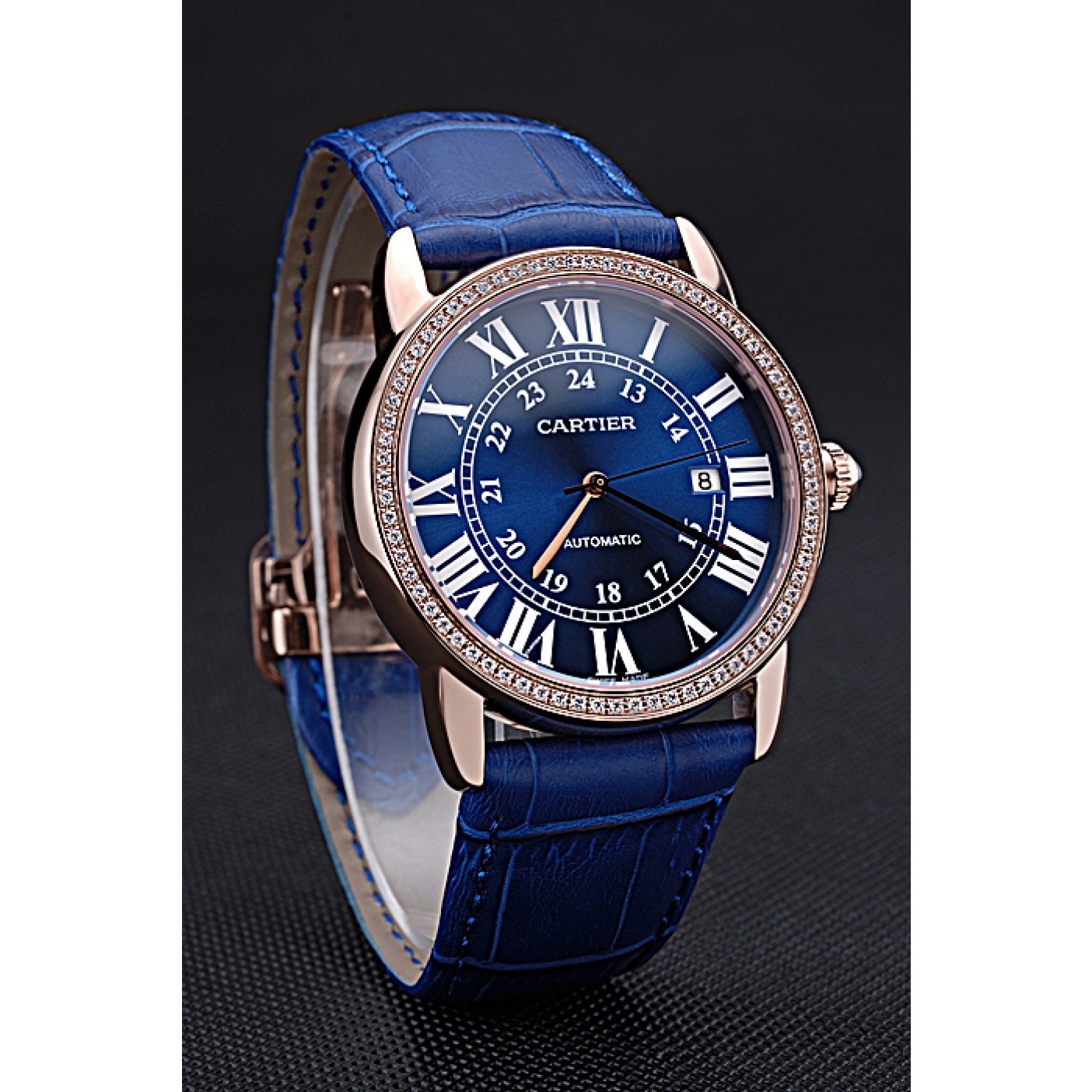 MiroTime Swiss Cartier Ronde Solo Gold Diamond Case Blue Dial Roman Numerals 622208