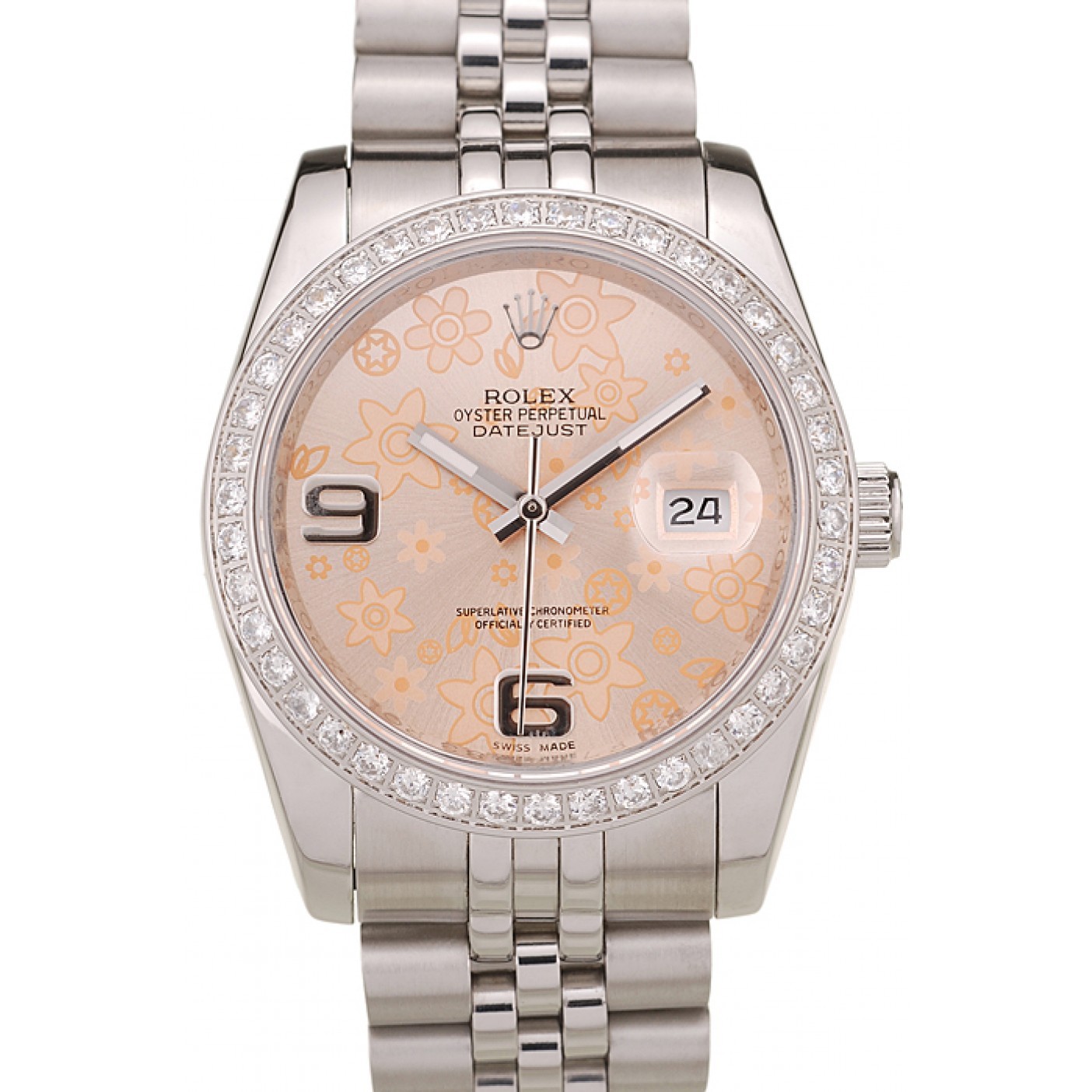 MiroTime Rolex DateJust Brushed Stainless Steel Case Orange Flowers Dial Diamonds Plated