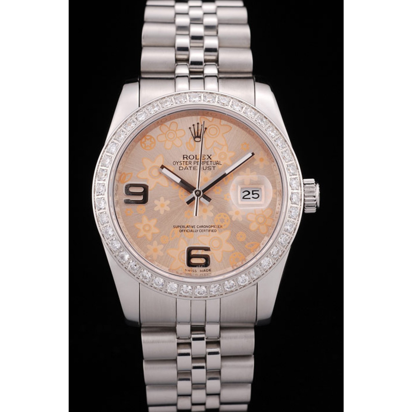 MiroTime Rolex DateJust Brushed Stainless Steel Case Orange Flowers Dial Diamonds Plated