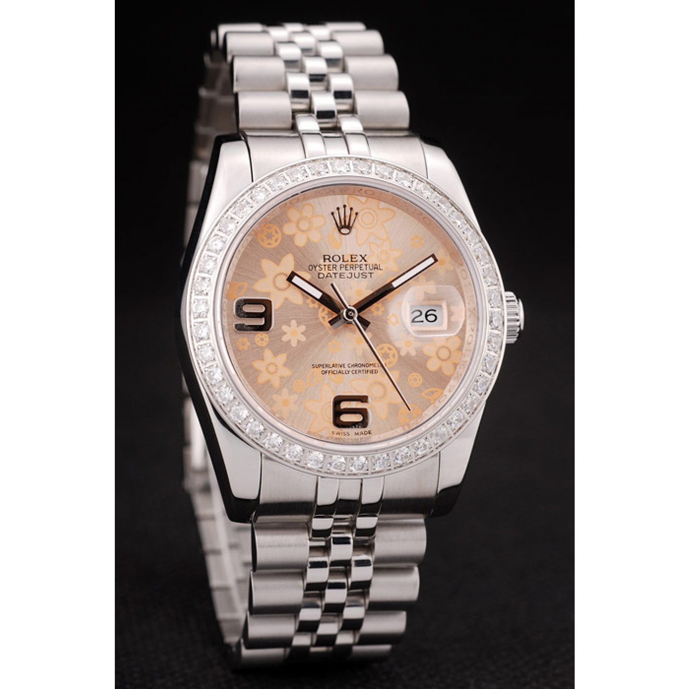 MiroTime Rolex DateJust Brushed Stainless Steel Case Orange Flowers Dial Diamonds Plated