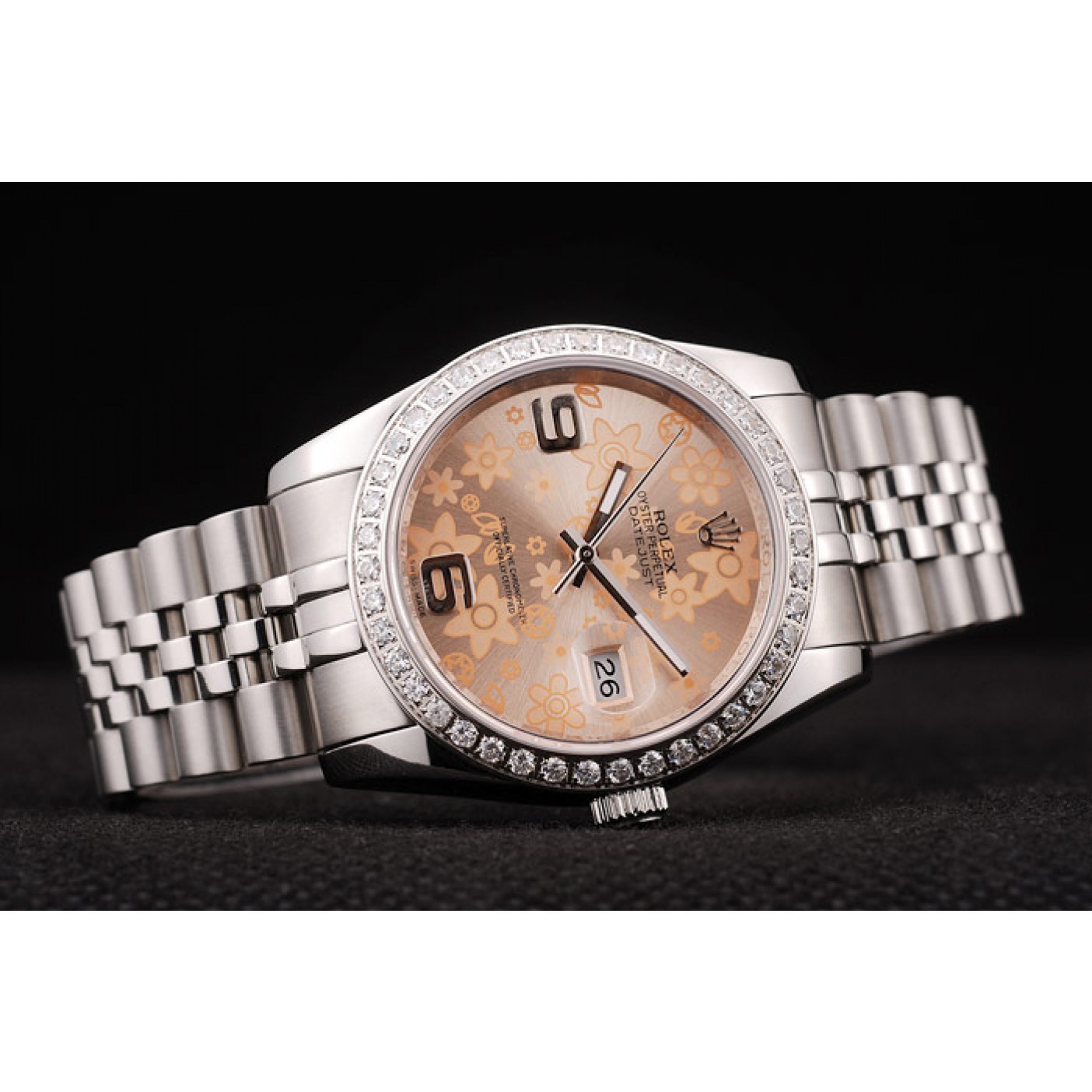 MiroTime Rolex DateJust Brushed Stainless Steel Case Orange Flowers Dial Diamonds Plated