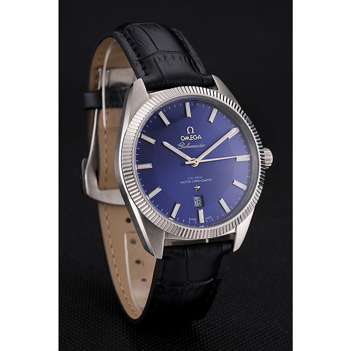 MiroTime Omega Globemaster Blue Dial Stainless Steel Case Black Leather Strap