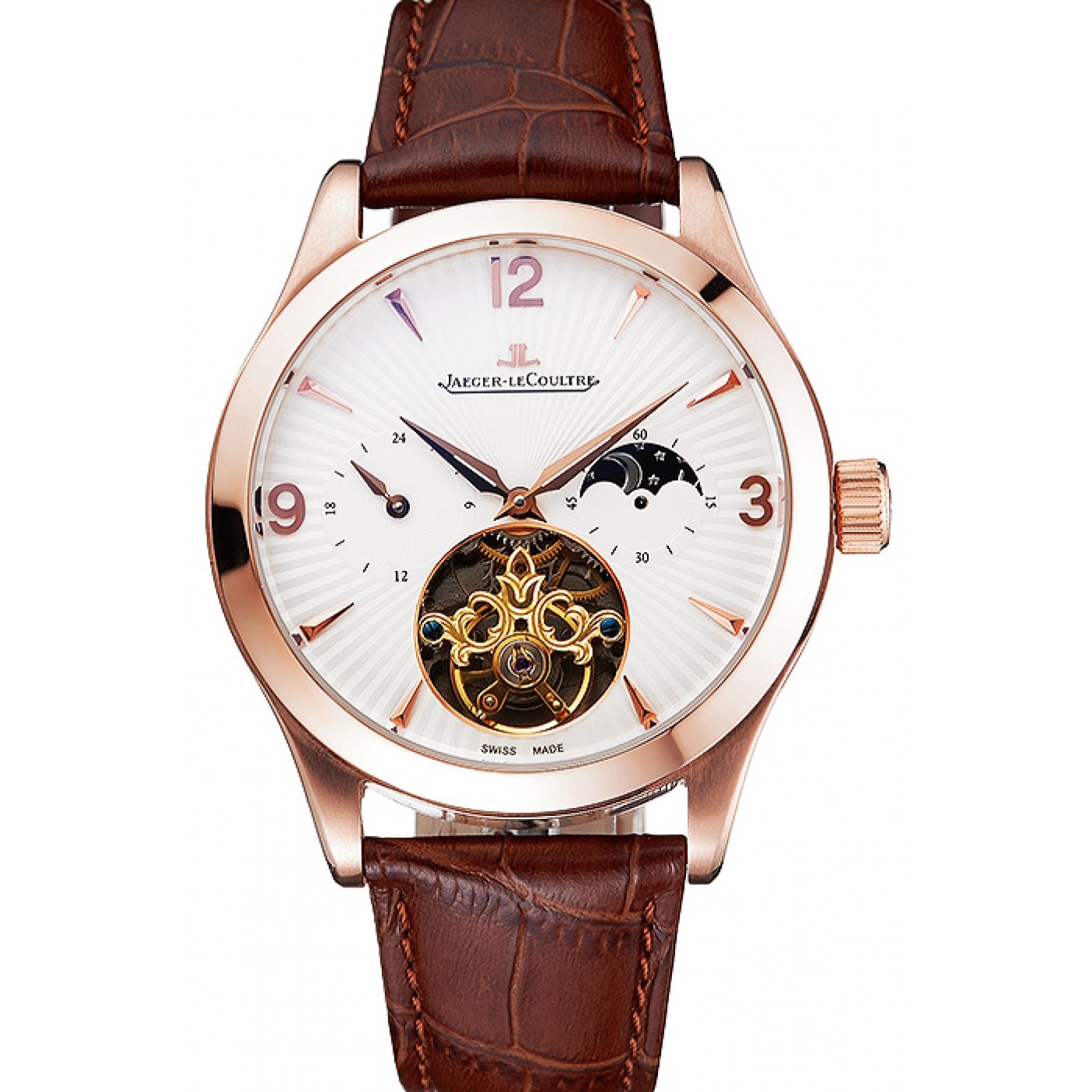 MiroTime Jaeger LeCoultre Master Moonphase Tourbillon White Dial Rose Gold Case Brown Leather Strap