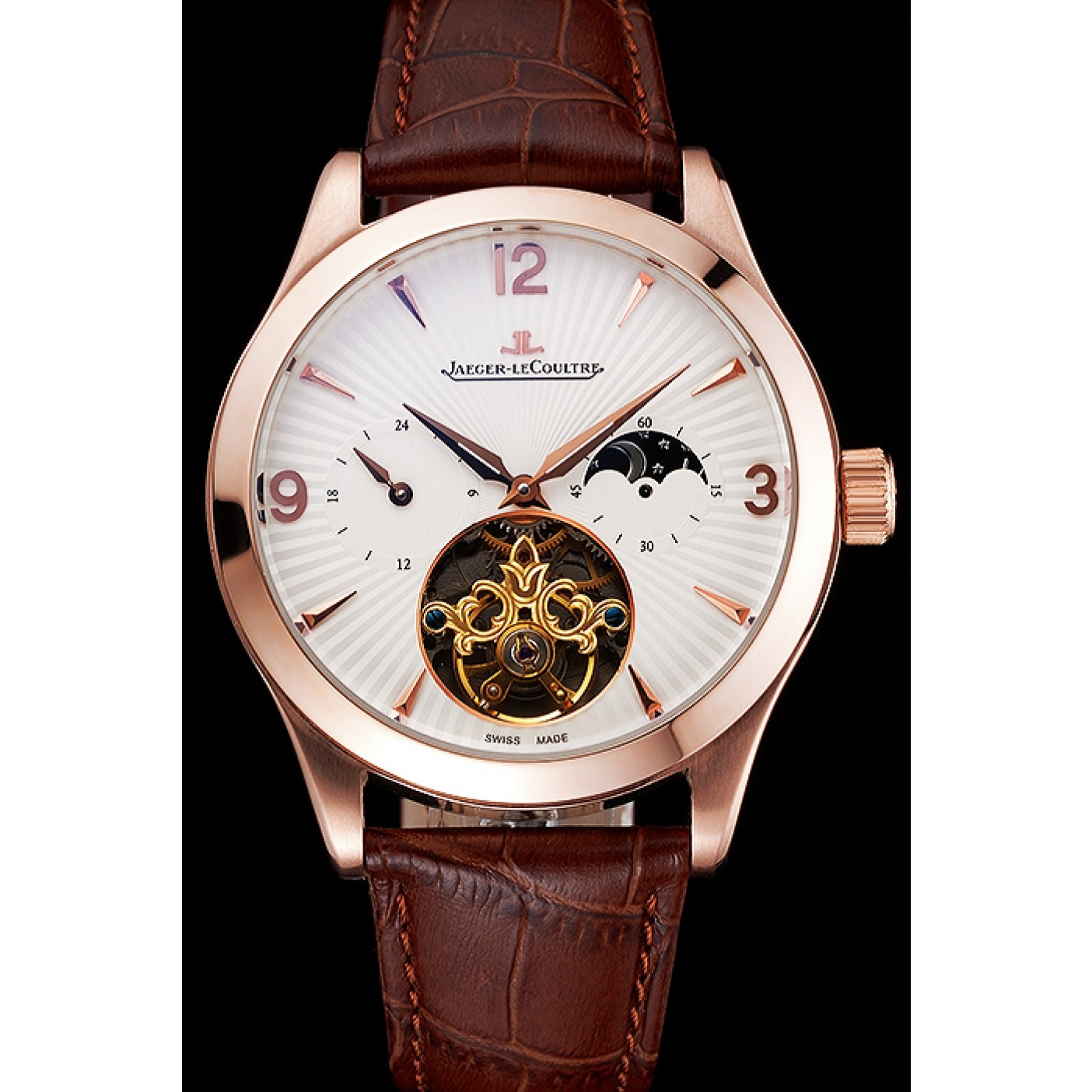 MiroTime Jaeger LeCoultre Master Moonphase Tourbillon White Dial Rose Gold Case Brown Leather Strap