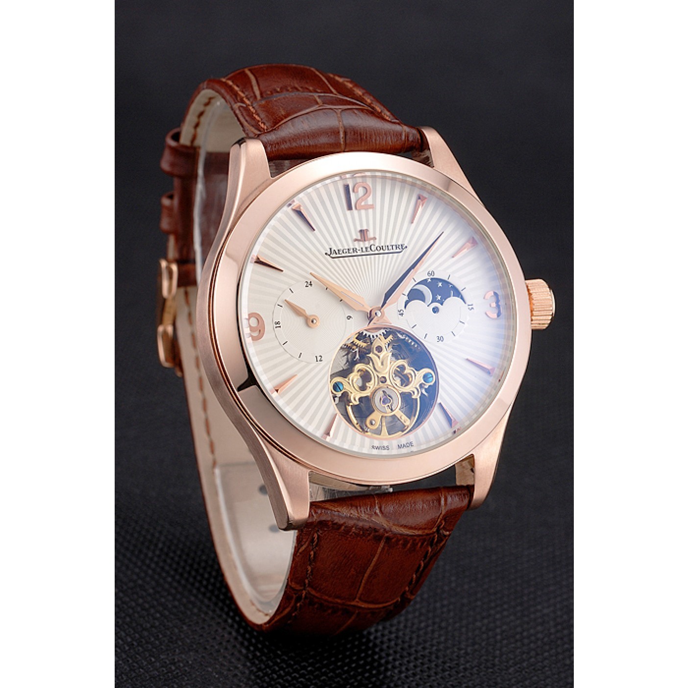 MiroTime Jaeger LeCoultre Master Moonphase Tourbillon White Dial Rose Gold Case Brown Leather Strap