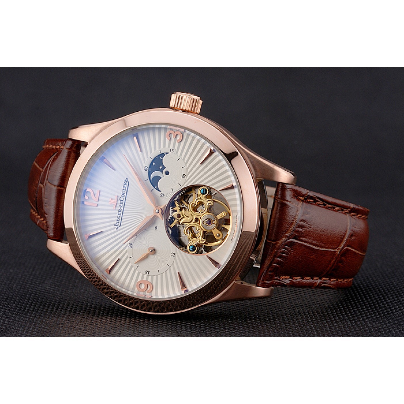 MiroTime Jaeger LeCoultre Master Moonphase Tourbillon White Dial Rose Gold Case Brown Leather Strap