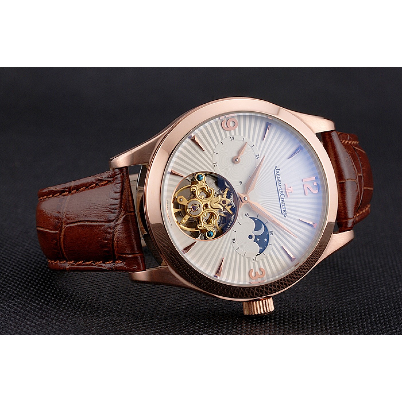 MiroTime Jaeger LeCoultre Master Moonphase Tourbillon White Dial Rose Gold Case Brown Leather Strap
