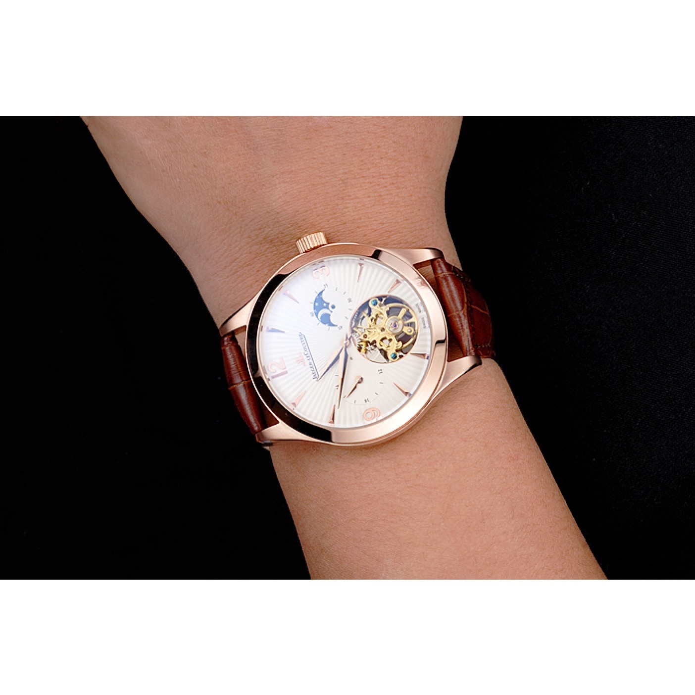 MiroTime Jaeger LeCoultre Master Moonphase Tourbillon White Dial Rose Gold Case Brown Leather Strap