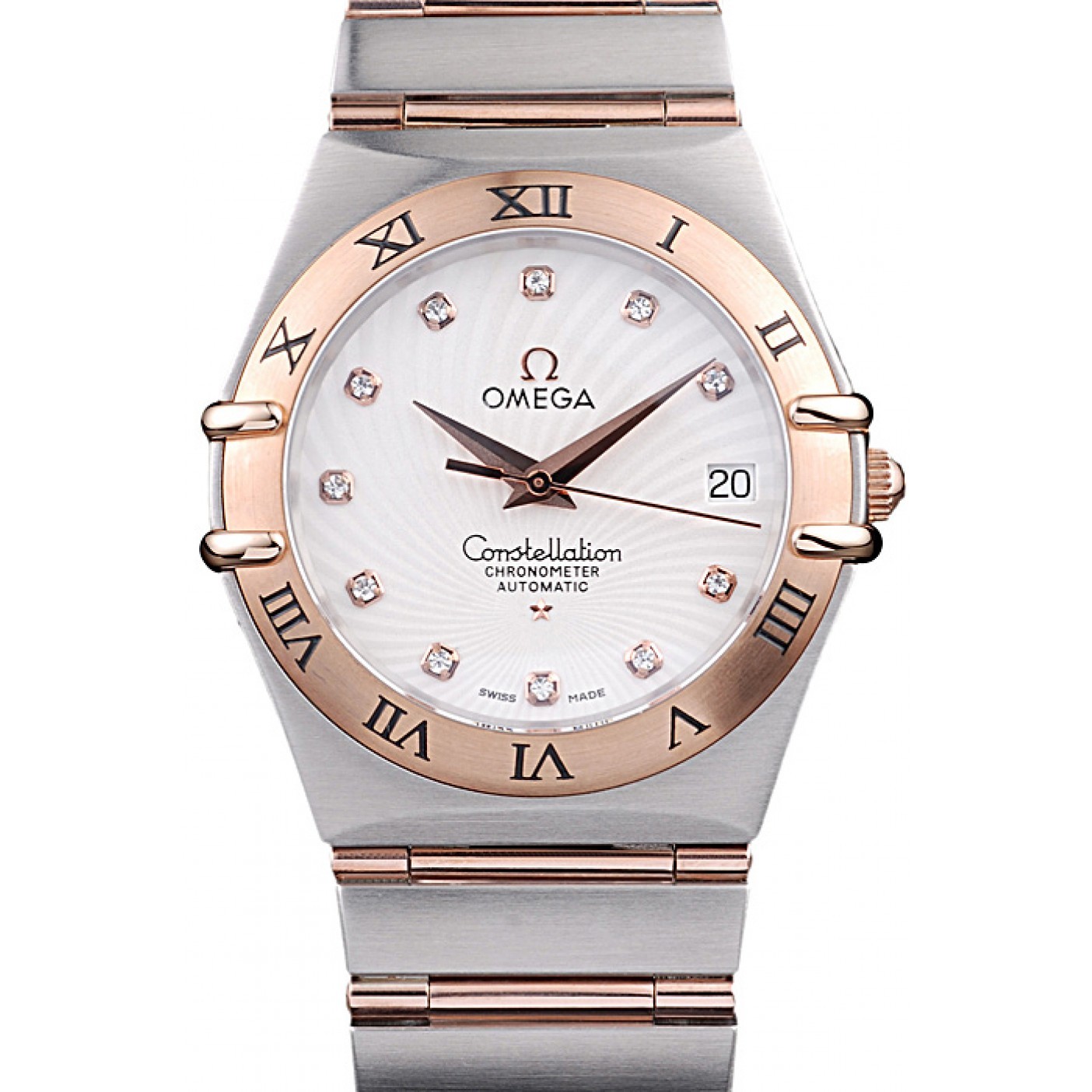 MiroTime Omega Swiss Constellation Jewelry Rose Gold Case Radial Emblem White Dial