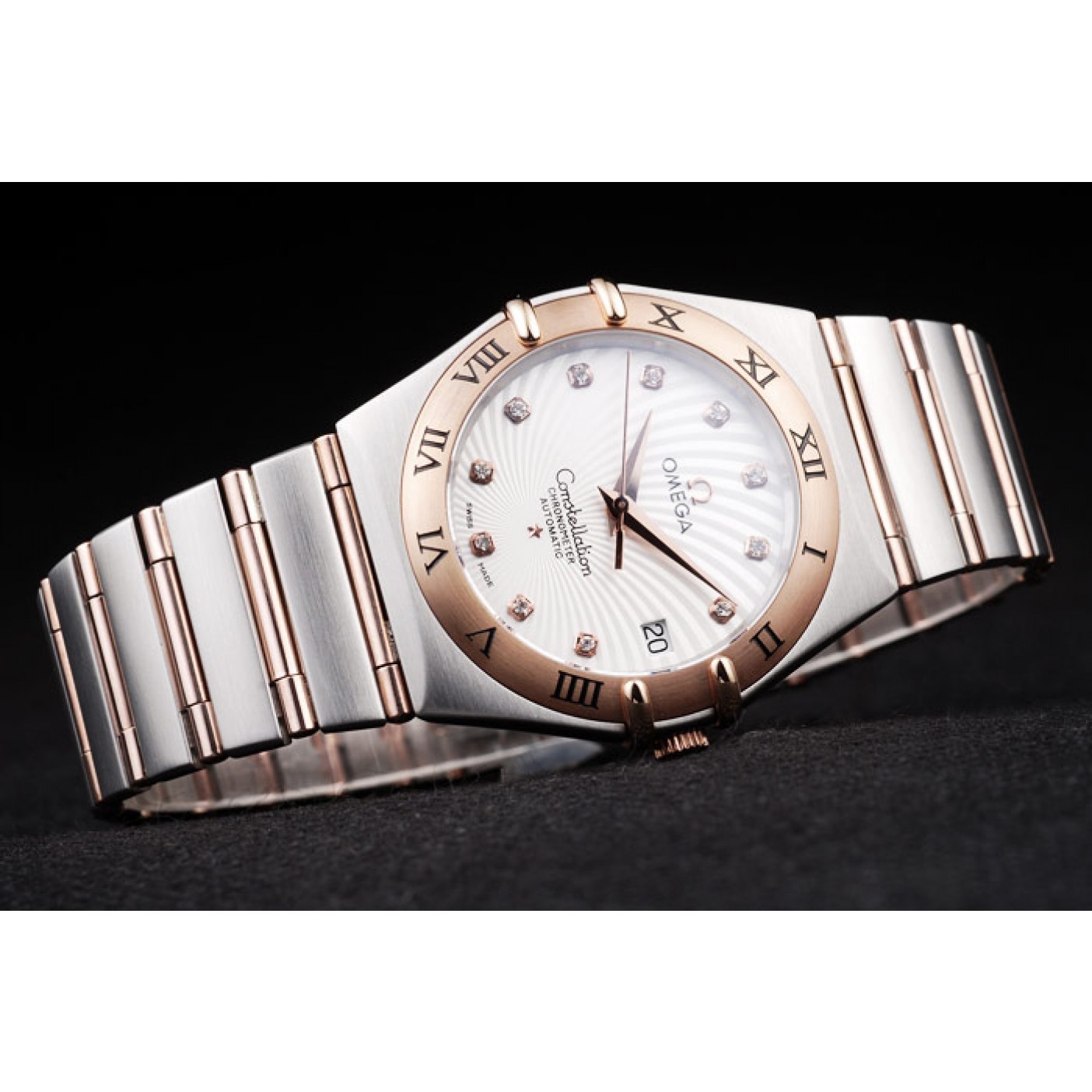 MiroTime Omega Swiss Constellation Jewelry Rose Gold Case Radial Emblem White Dial