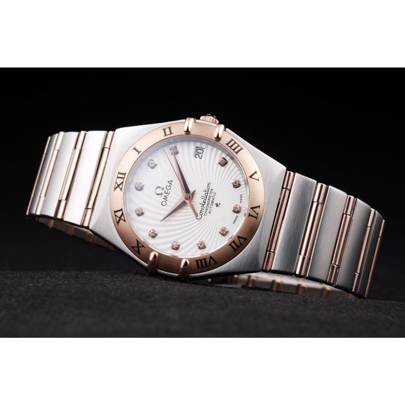 MiroTime Omega Swiss Constellation Jewelry Rose Gold Case Radial Emblem White Dial