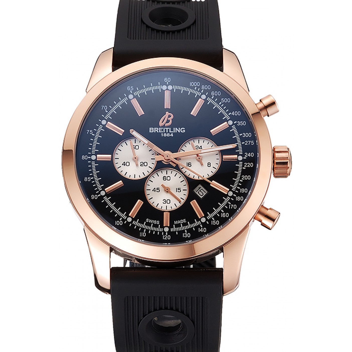 MiroTime Breitling Transocean Black Dial Black Rubber Strap Rose Gold Bezel 98207