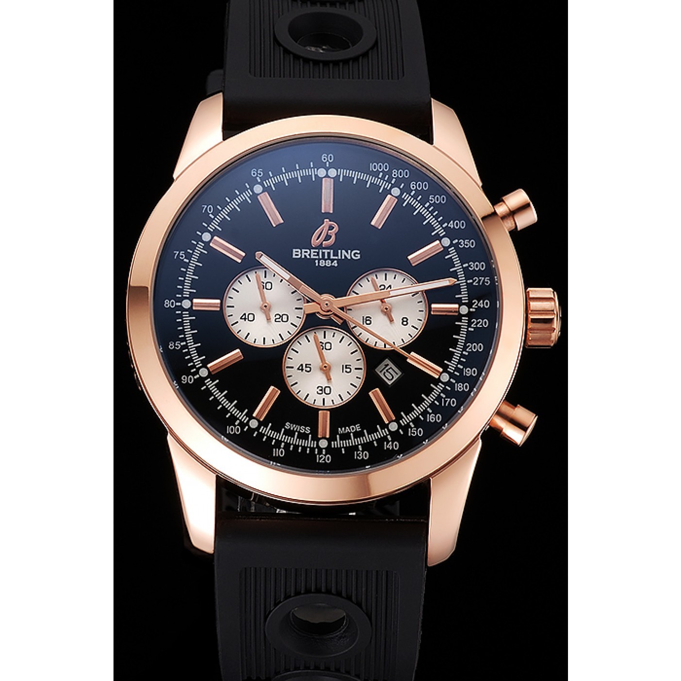 MiroTime Breitling Transocean Black Dial Black Rubber Strap Rose Gold Bezel 98207