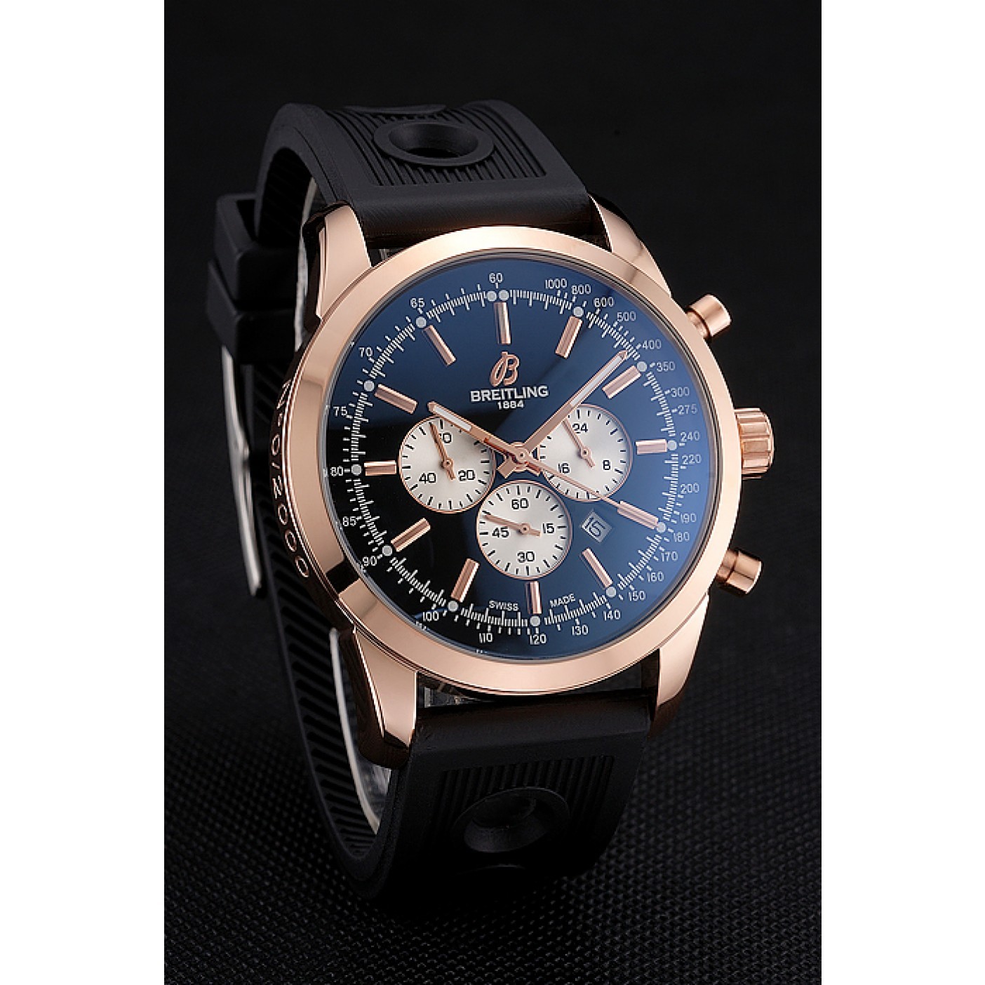 MiroTime Breitling Transocean Black Dial Black Rubber Strap Rose Gold Bezel 98207