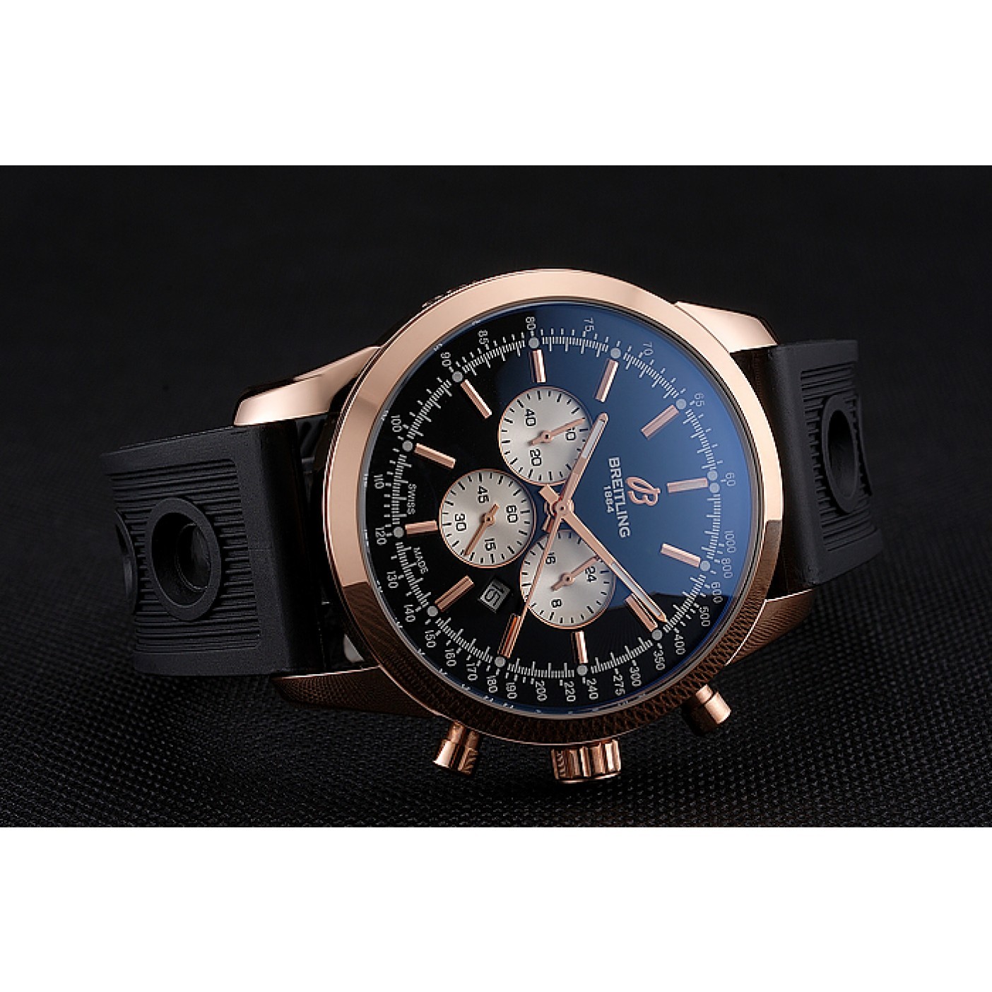 MiroTime Breitling Transocean Black Dial Black Rubber Strap Rose Gold Bezel 98207