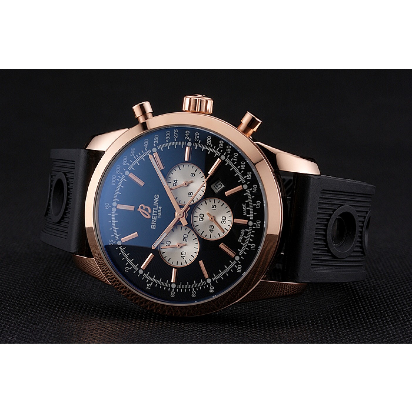 MiroTime Breitling Transocean Black Dial Black Rubber Strap Rose Gold Bezel 98207