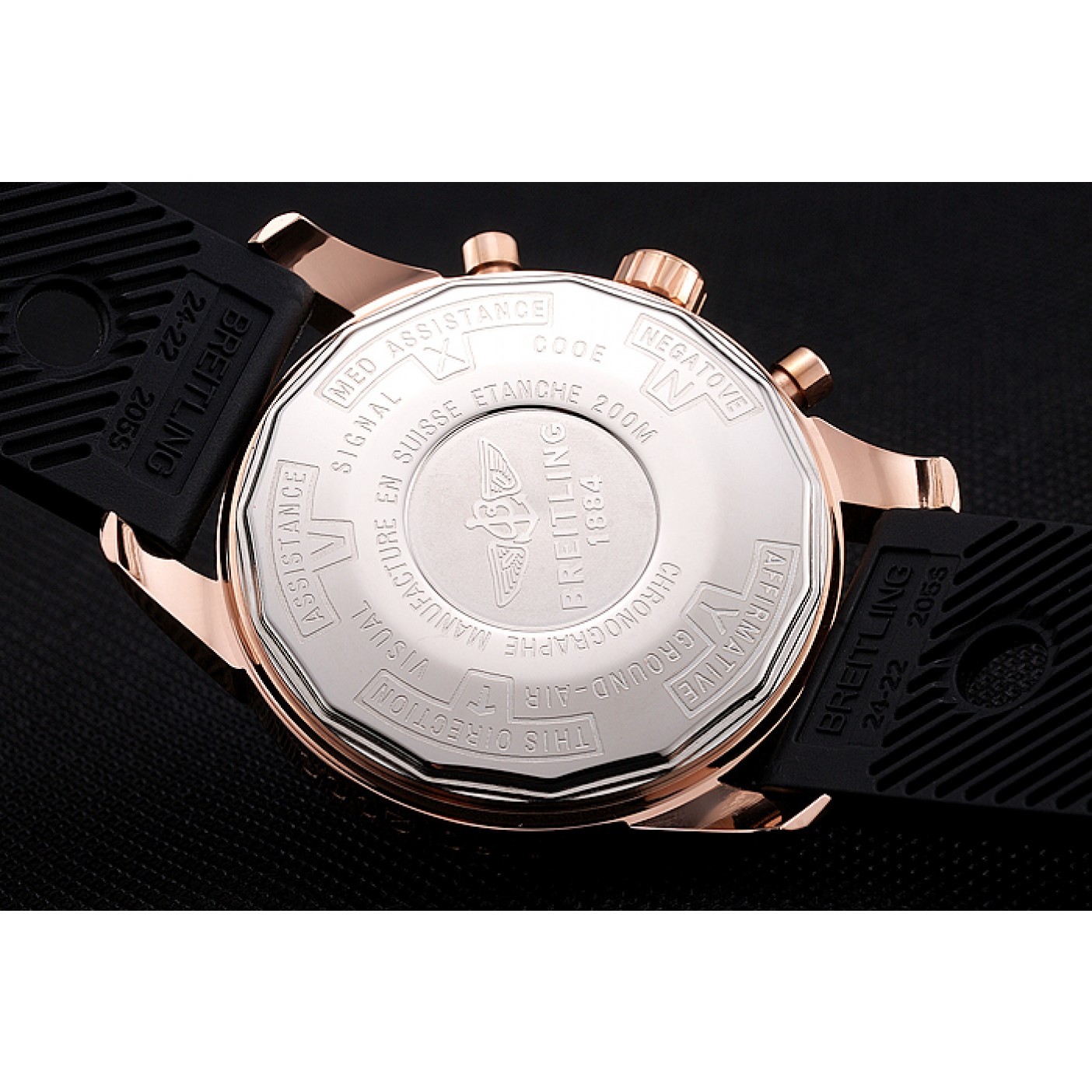 MiroTime Breitling Transocean Black Dial Black Rubber Strap Rose Gold Bezel 98207