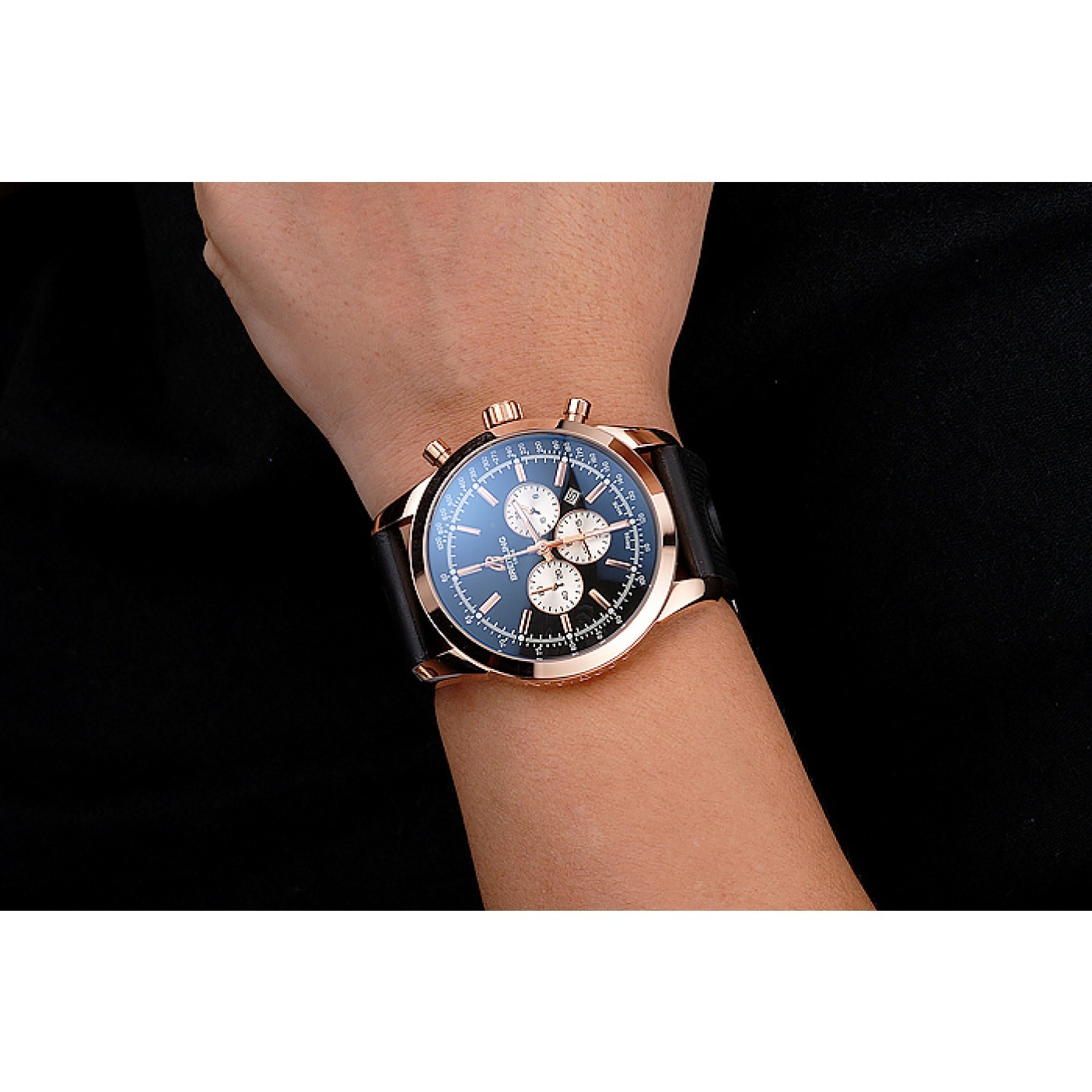 MiroTime Breitling Transocean Black Dial Black Rubber Strap Rose Gold Bezel 98207