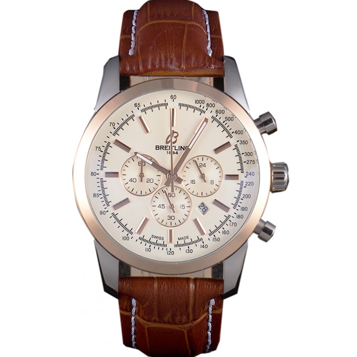 MiroTime Breitling Transocean White Dial Light Brown Leather Strap Rose Gold Bezel