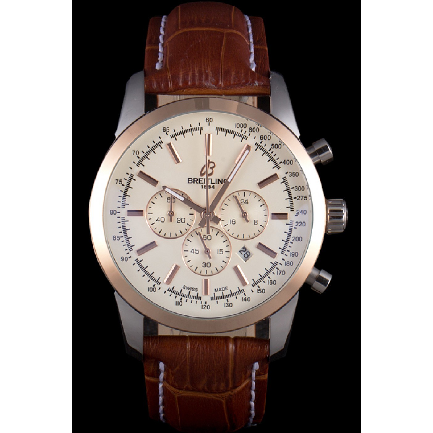 MiroTime Breitling Transocean White Dial Light Brown Leather Strap Rose Gold Bezel