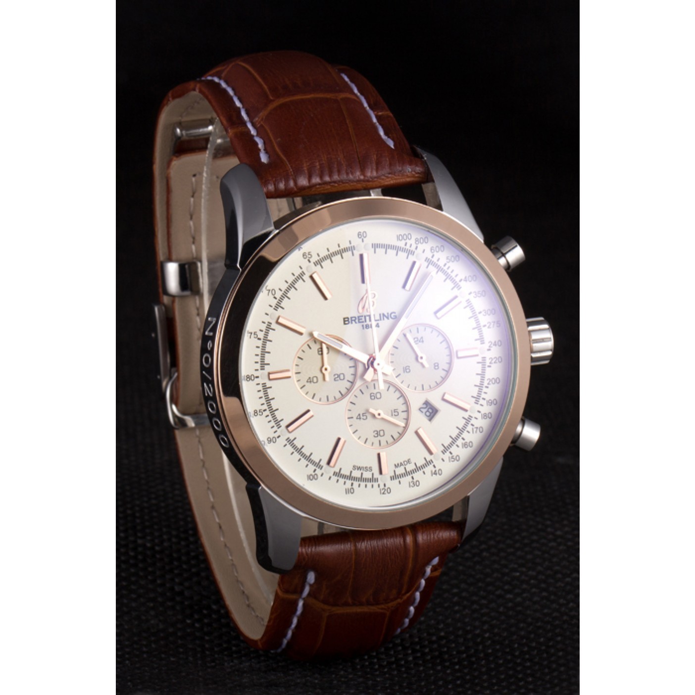 MiroTime Breitling Transocean White Dial Light Brown Leather Strap Rose Gold Bezel