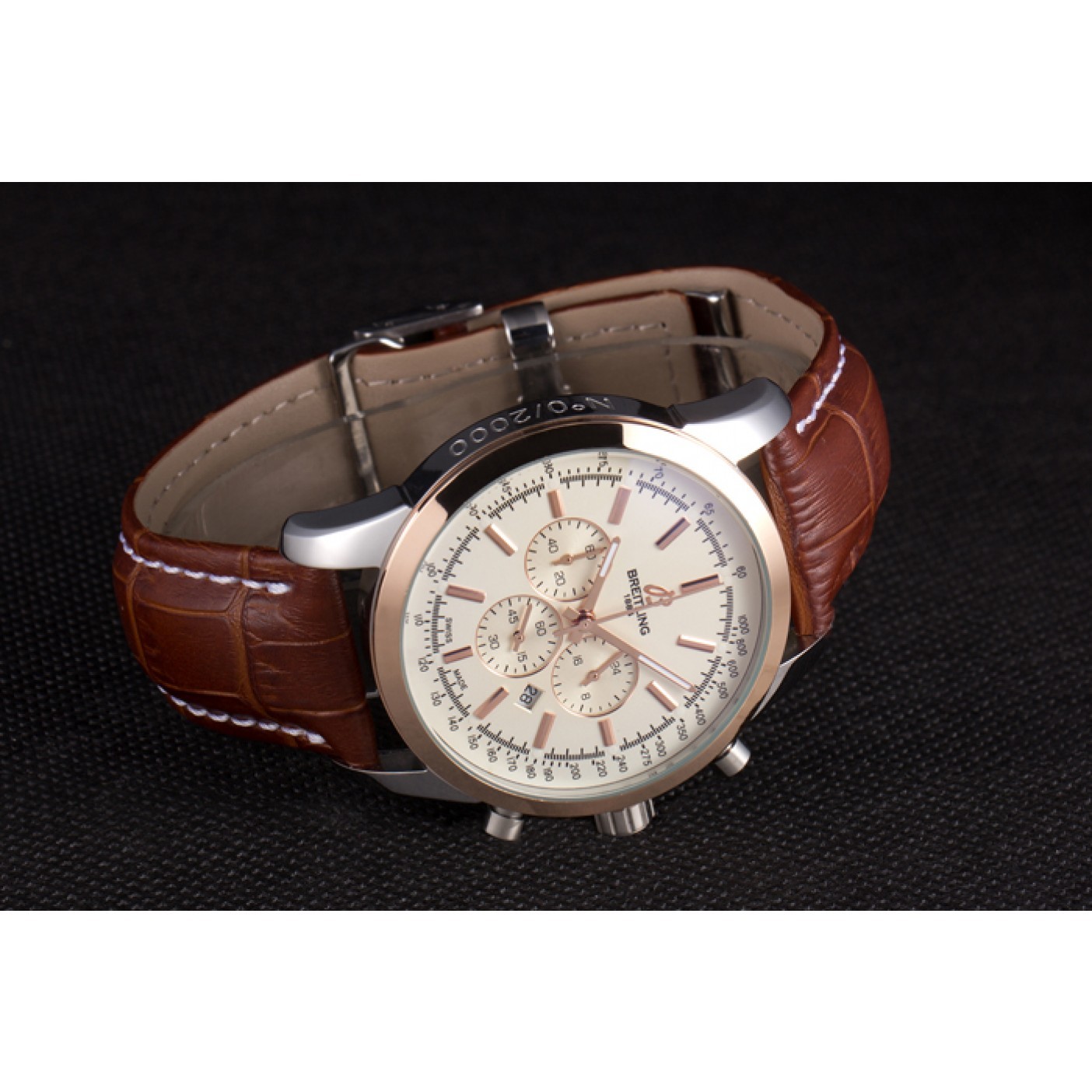 MiroTime Breitling Transocean White Dial Light Brown Leather Strap Rose Gold Bezel