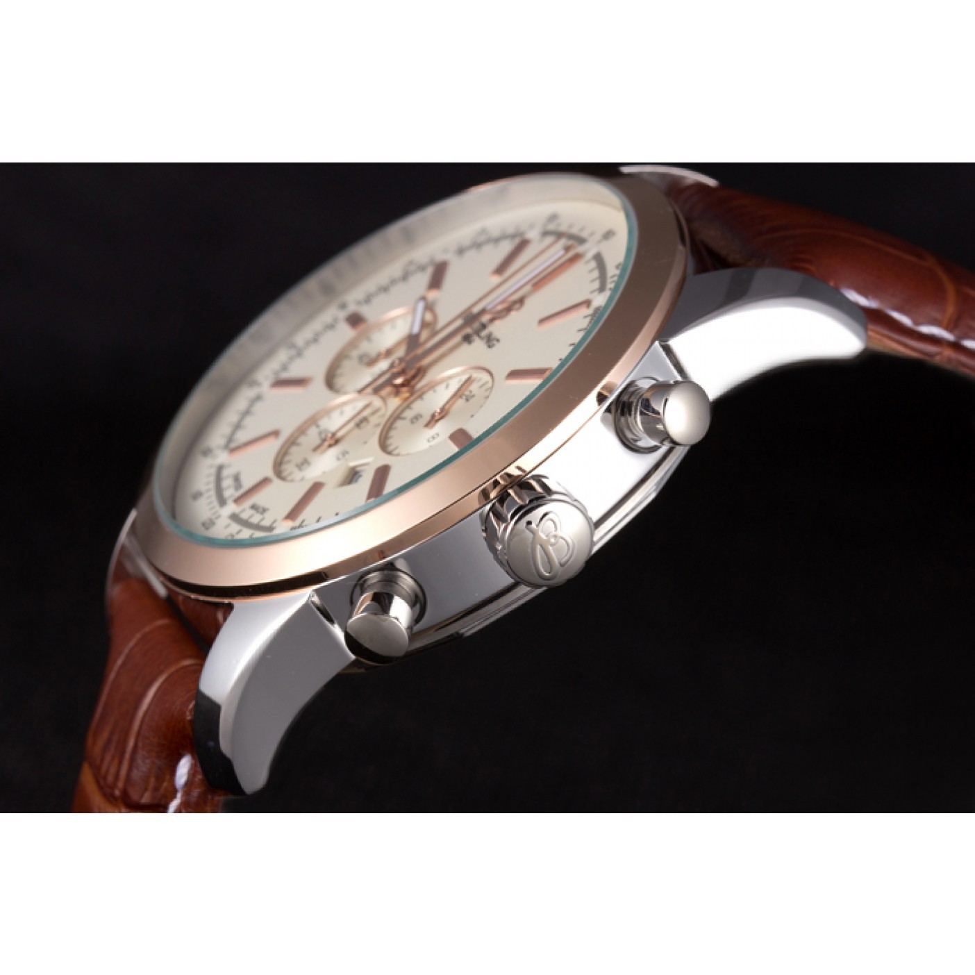 MiroTime Breitling Transocean White Dial Light Brown Leather Strap Rose Gold Bezel