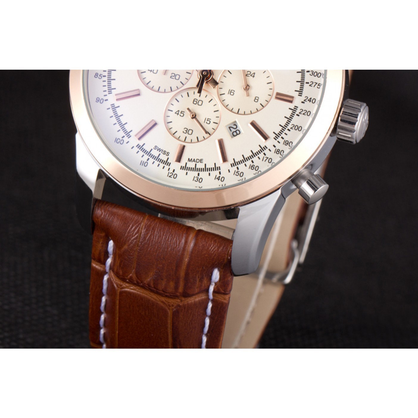MiroTime Breitling Transocean White Dial Light Brown Leather Strap Rose Gold Bezel