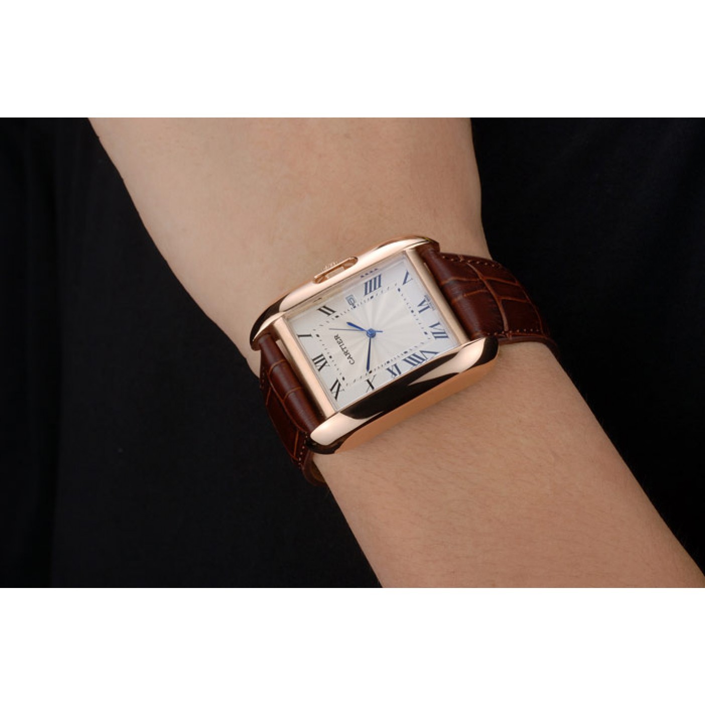 MiroTime Cartier Tank Anglaise 36mm White Dial Gold Case Brown Leather Bracelet