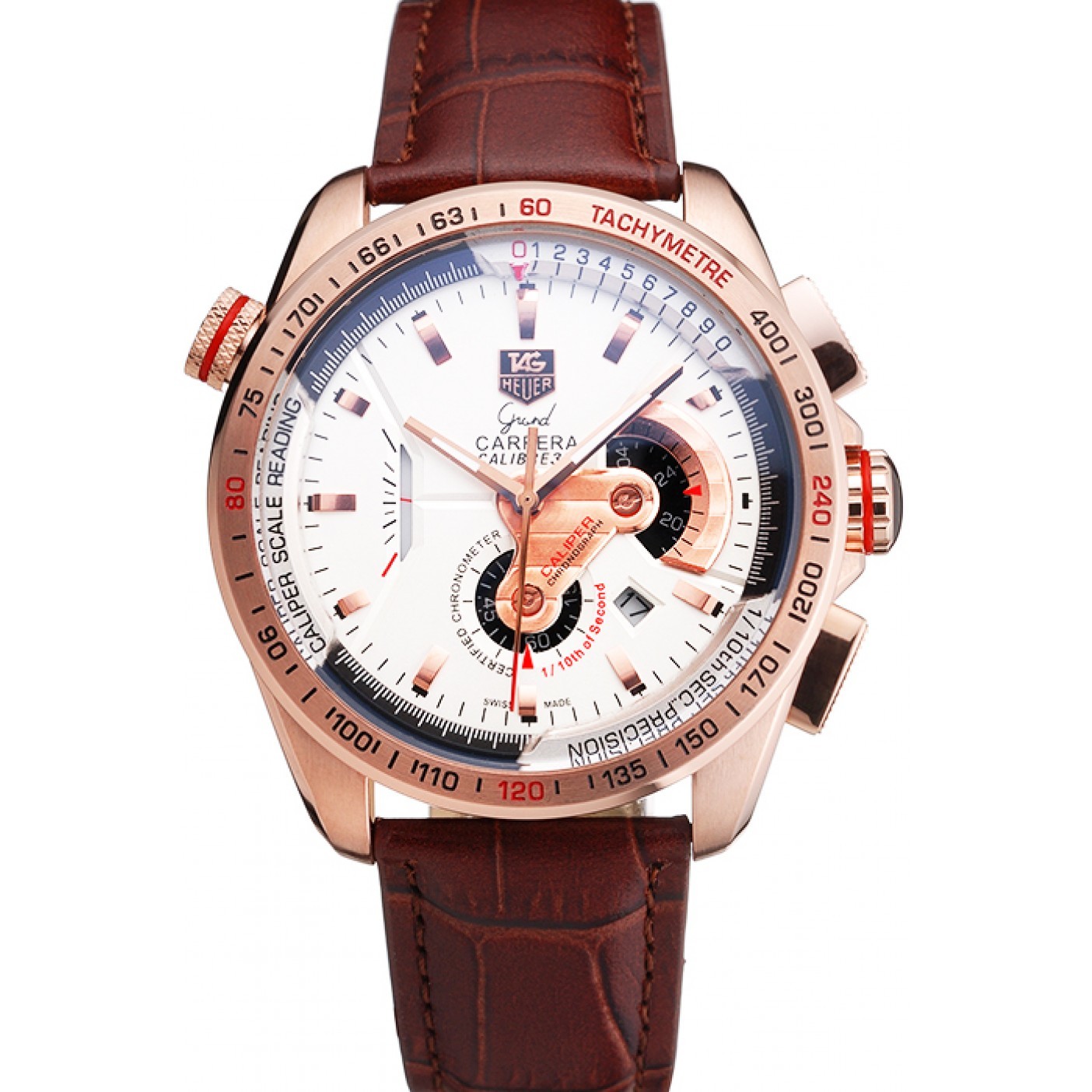 MiroTime Tag Heuer Carrera Rose Gold Case White Dial Brown Leather Strap 98244