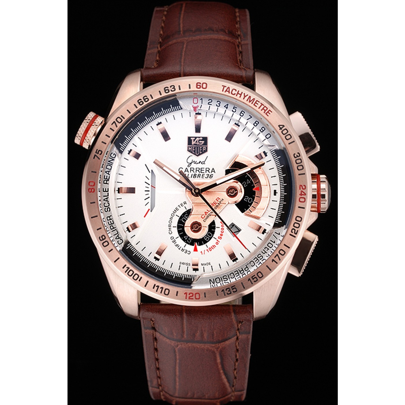MiroTime Tag Heuer Carrera Rose Gold Case White Dial Brown Leather Strap 98244