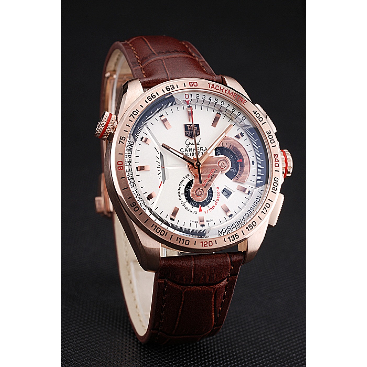 MiroTime Tag Heuer Carrera Rose Gold Case White Dial Brown Leather Strap 98244