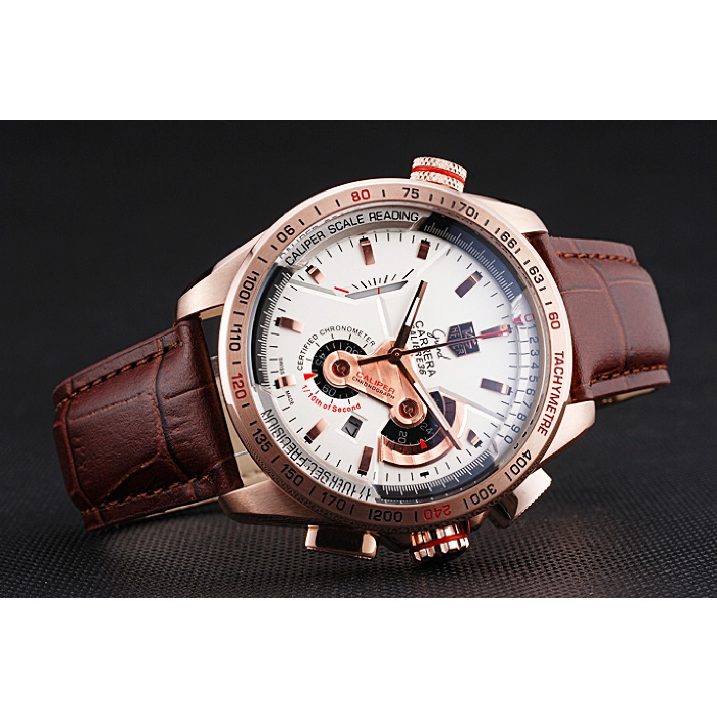 MiroTime Tag Heuer Carrera Rose Gold Case White Dial Brown Leather Strap 98244