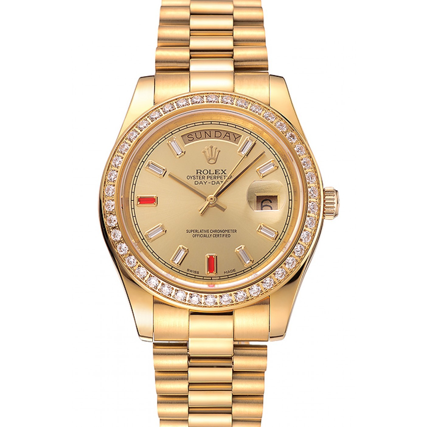 MiroTime Swiss Rolex Day-Date Diamonds And Rubies Champagne Dial Gold Bracelet 1454100