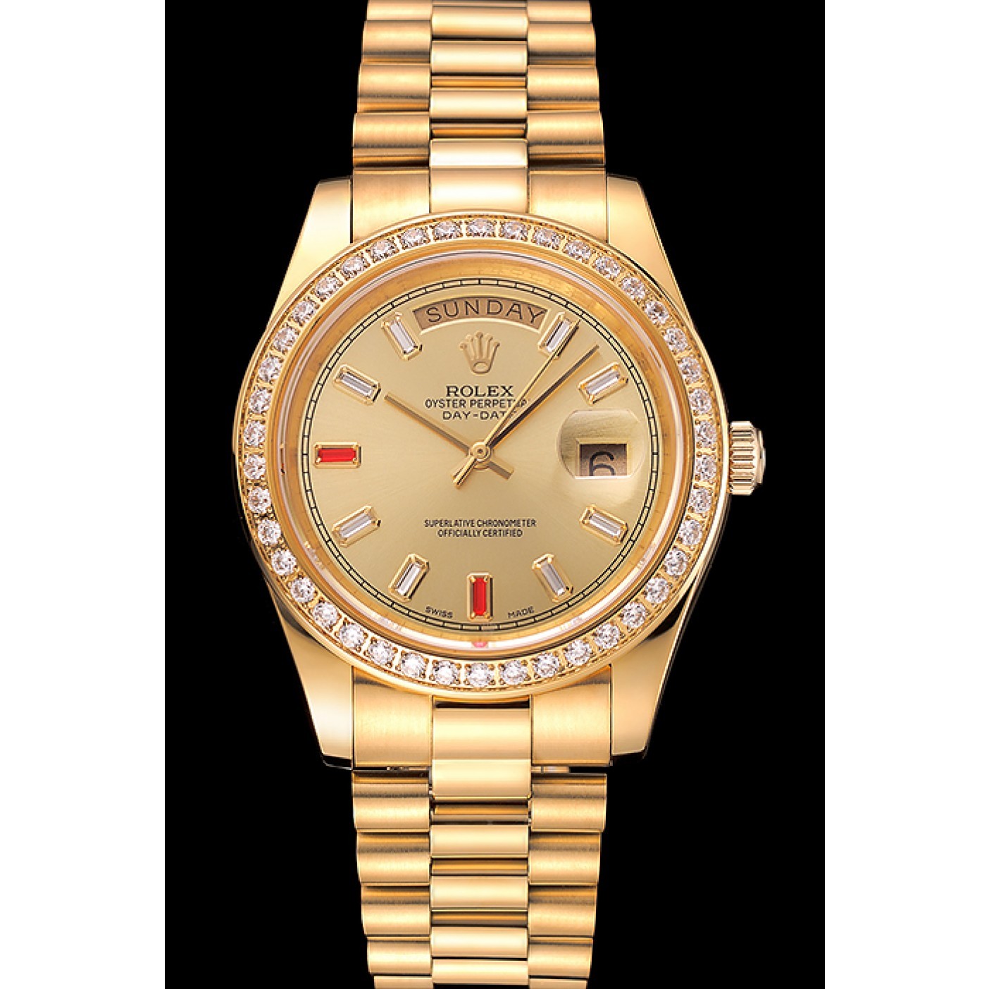 MiroTime Swiss Rolex Day-Date Diamonds And Rubies Champagne Dial Gold Bracelet 1454100