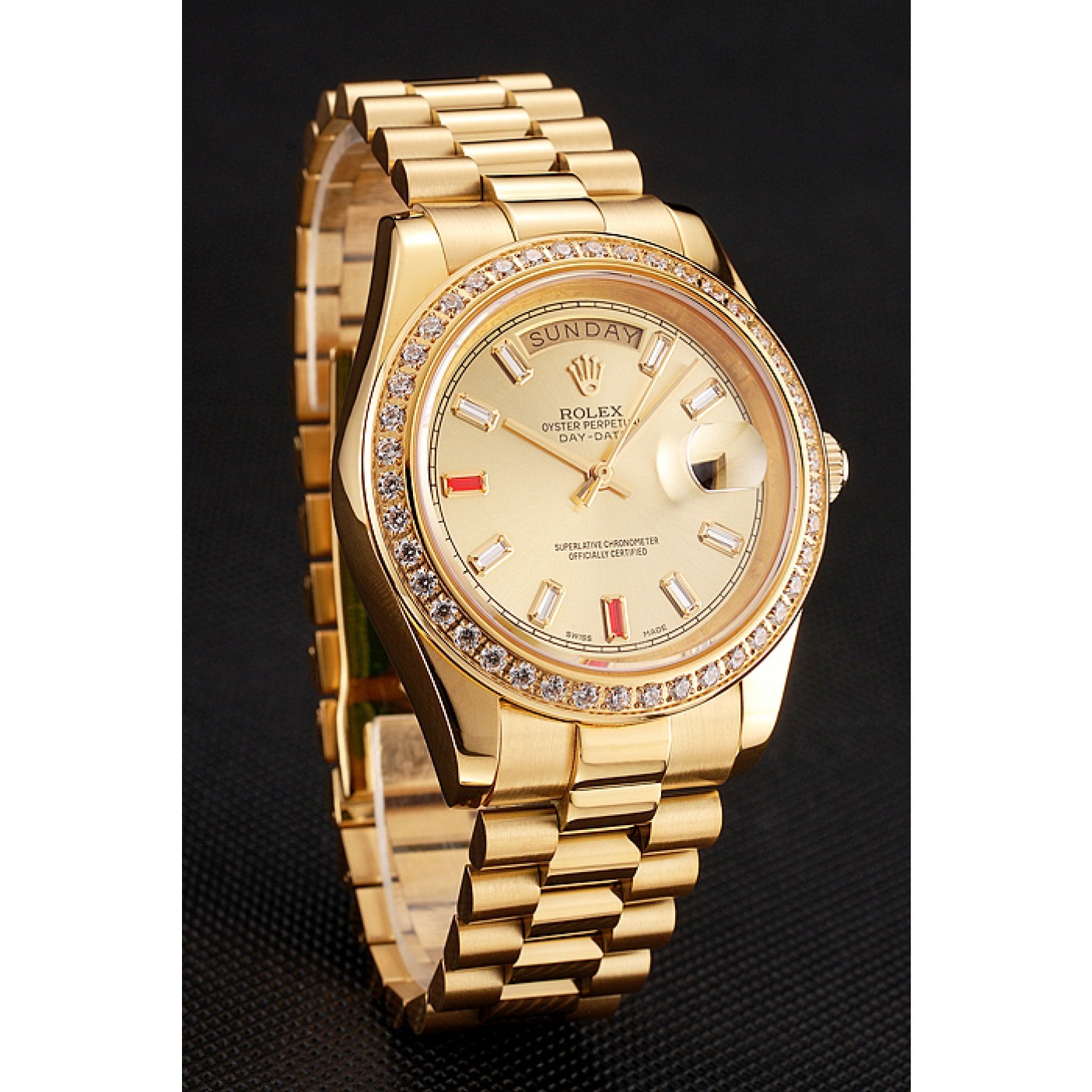 MiroTime Swiss Rolex Day-Date Diamonds And Rubies Champagne Dial Gold Bracelet 1454100